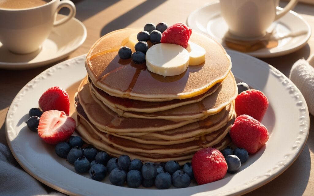 Whole Wheat Pancakes with Fresh Blueberries and Maple Syrup